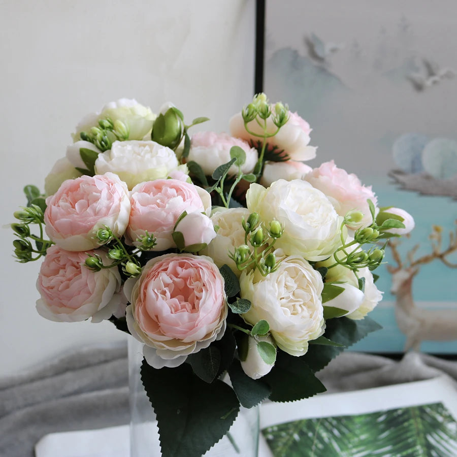 Artificial Flowers Bouquet Silk Rose Vase for Home Decor