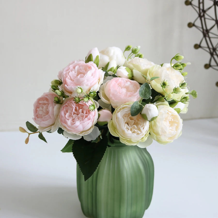 Artificial Flowers Bouquet Silk Rose Vase for Home Decor