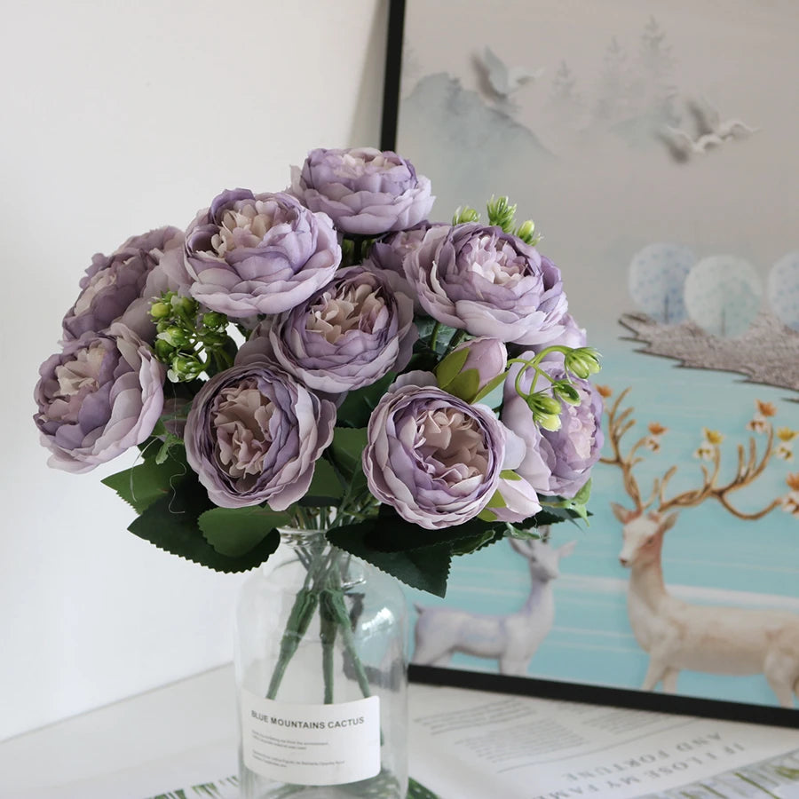 Artificial Flowers Bouquet Silk Rose Vase for Home Decor