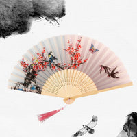 Chinese Japanese Silk Folding Fan Wooden