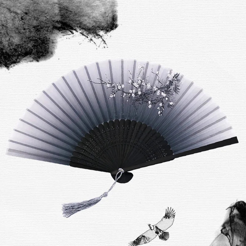 Chinese Japanese Silk Folding Fan Wooden