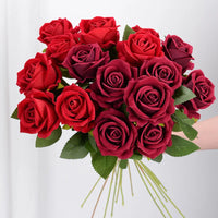 (5 Pieces) Artificial Flowers Bouquet Red Velvet Fake Rose Flowers