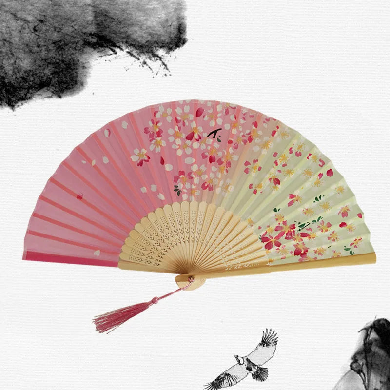 Chinese Japanese Silk Folding Fan Wooden