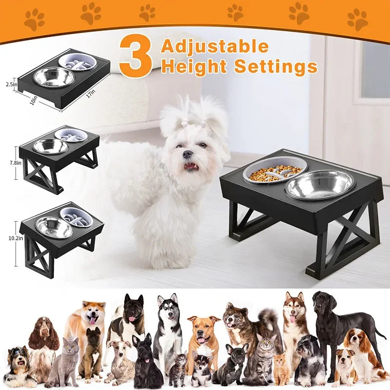 Dog/Cat Double Elevated Bowls, Adjustable Height