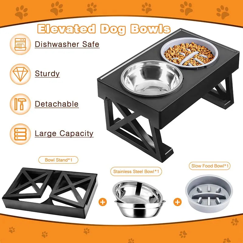 Dog/Cat Double Elevated Bowls, Adjustable Height