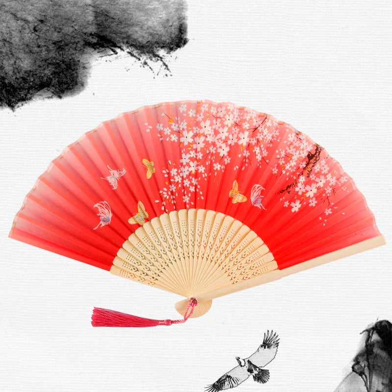 Chinese Japanese Silk Folding Fan Wooden