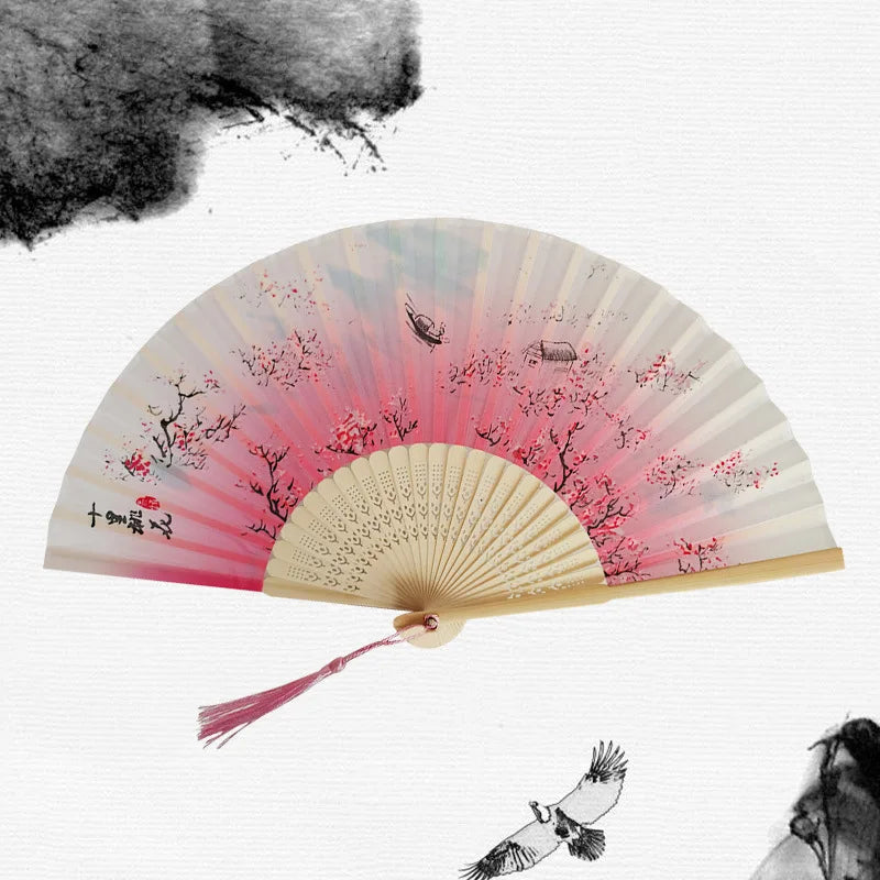 Chinese Japanese Silk Folding Fan Wooden