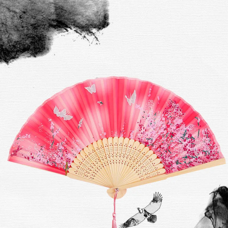 Chinese Japanese Silk Folding Fan Wooden