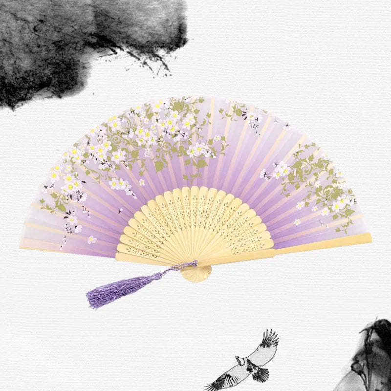 Chinese Japanese Silk Folding Fan Wooden