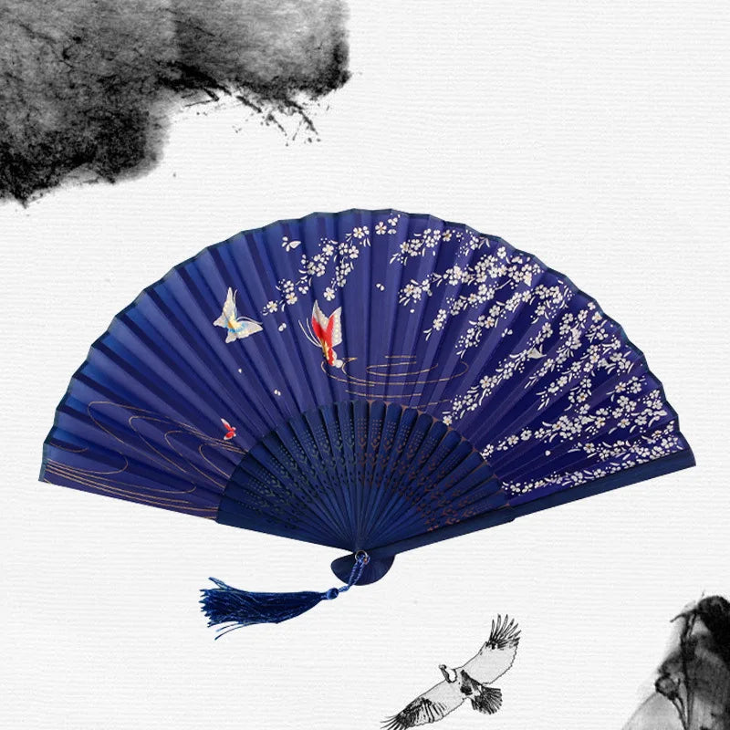 Chinese Japanese Silk Folding Fan Wooden