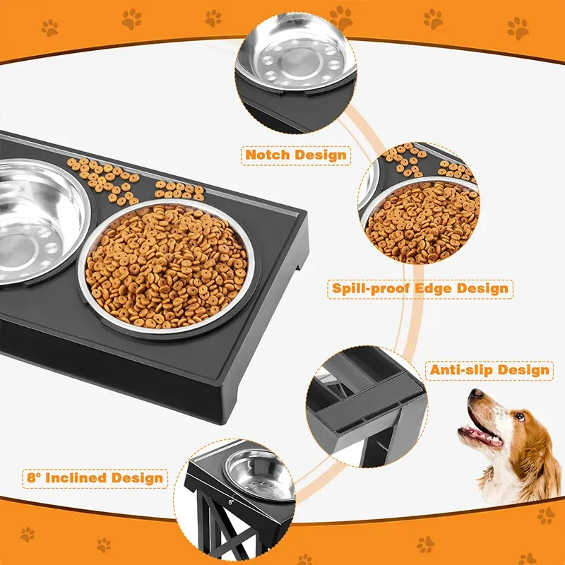 Dog/Cat Double Elevated Bowls, Adjustable Height