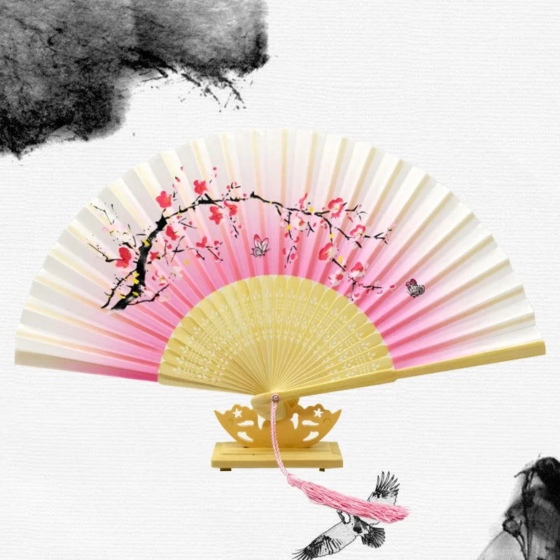 Chinese Japanese Silk Folding Fan Wooden